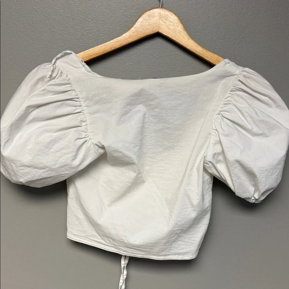 Zara White Ruched Puff Sleeve Crop Top Size S Cottagecore